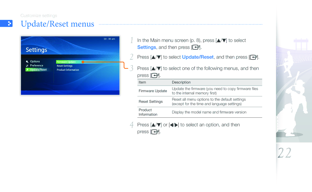 Samsung SPF-87H, SPF-107H user manual Update/Reset menus 