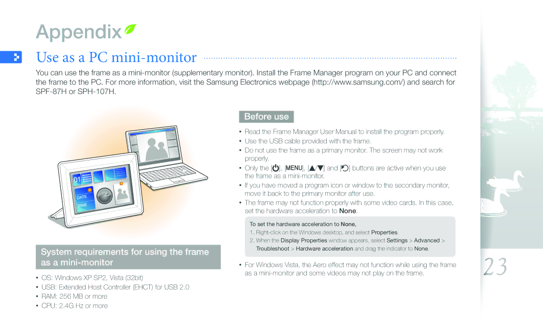 Samsung SPF-107H Appendix, Use as a PC mini-monitor, System requirements for using the frame as a mini-monitor, Before use 