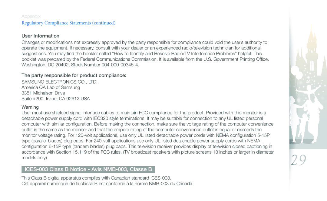 Samsung SPF-107H, SPF-87H user manual ICES-003 Class B Notice Avis NMB-003, Classe B, Regulatory Compliance Statements 