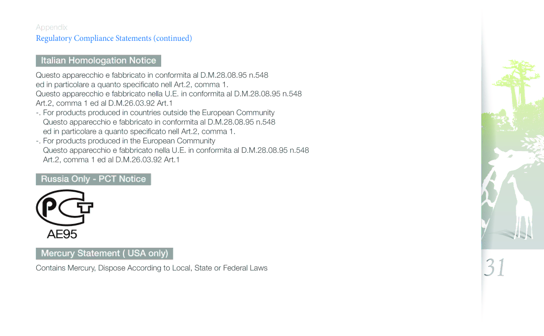 Samsung SPF-107H, SPF-87H user manual Italian Homologation Notice, Russia Only PCT Notice Mercury Statement USA only 