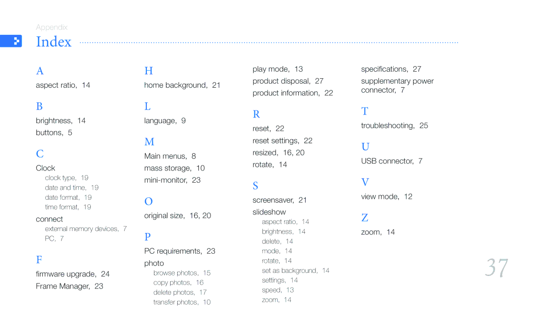 Samsung SPF-107H, SPF-87H user manual Index 