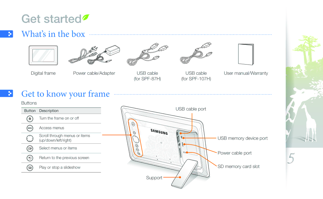 Samsung SPF-107H, SPF-87H user manual Get started, What’s in the box, Get to know your frame 