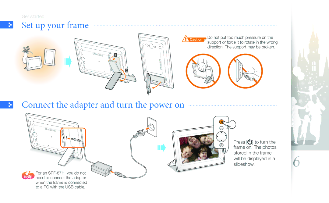 Samsung SPF-87H, SPF-107H user manual Set up your frame Connect the adapter and turn the power on 