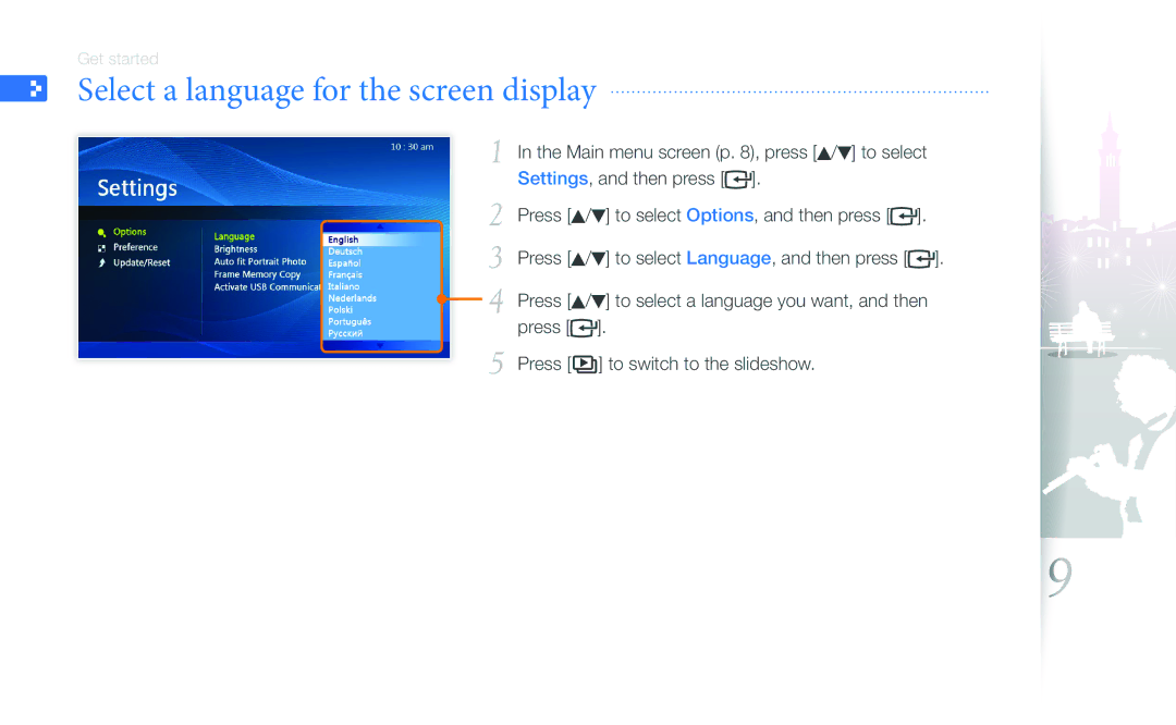 Samsung SPF-107H, SPF-87H user manual Select a language for the screen display 