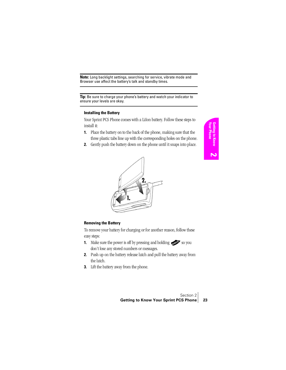 Samsung SPH-A400SS manual Installing the Battery, Removing the Battery 