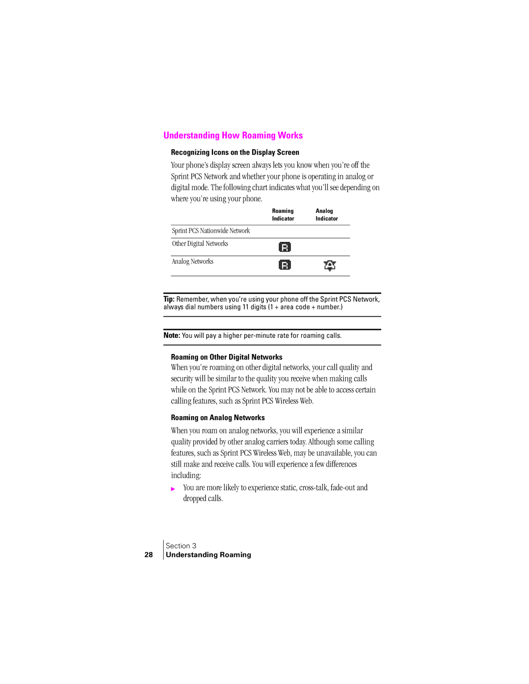 Samsung SPH-A400SS Understanding How Roaming Works, Recognizing Icons on the Display Screen, Roaming on Analog Networks 