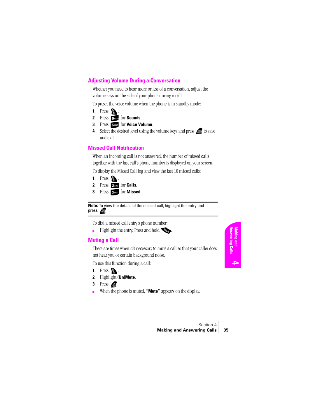 Samsung SPH-A400SS manual Adjusting Volume During a Conversation, Missed Call Notification, Muting a Call, For Sounds 