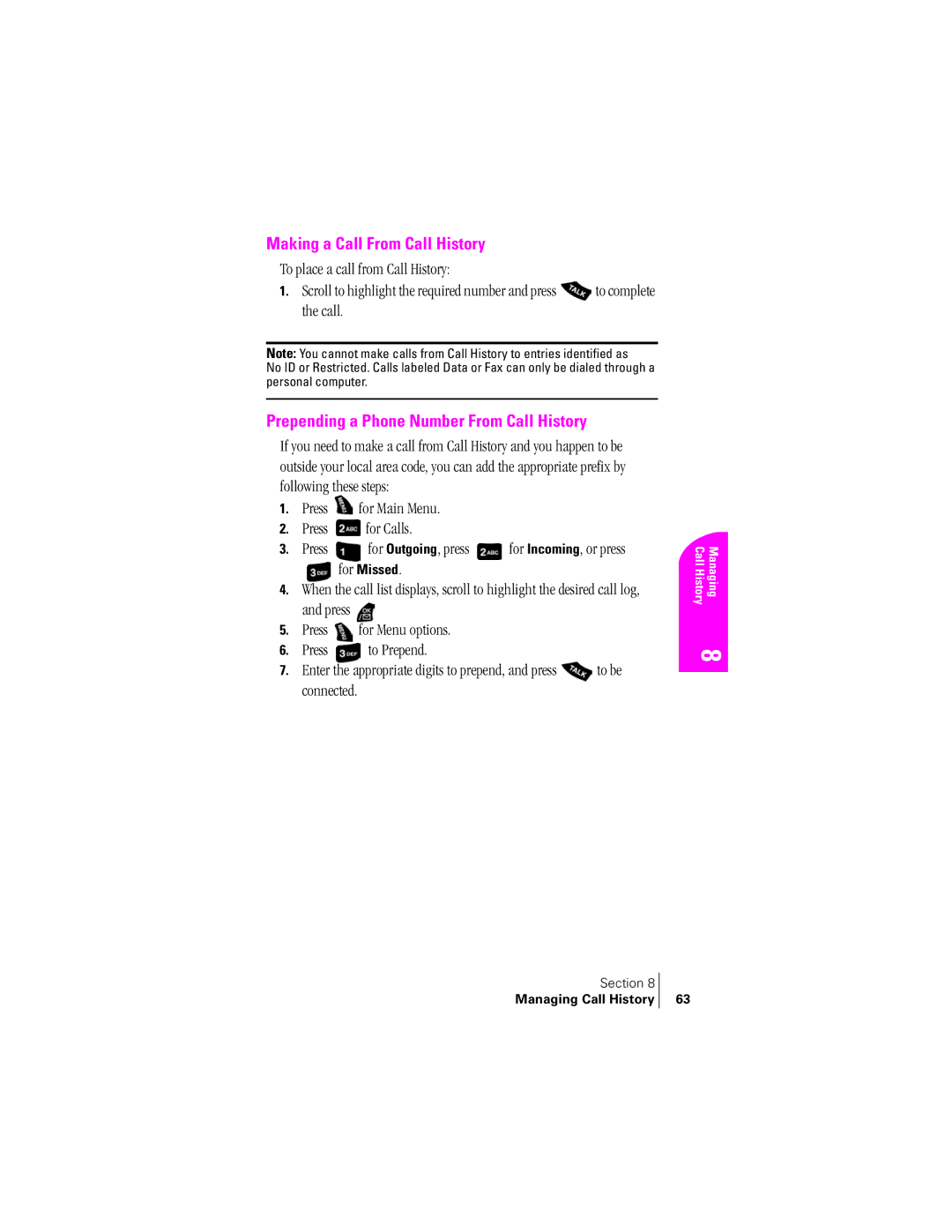 Samsung SPH-A400SS manual Making a Call From Call History, Prepending a Phone Number From Call History 