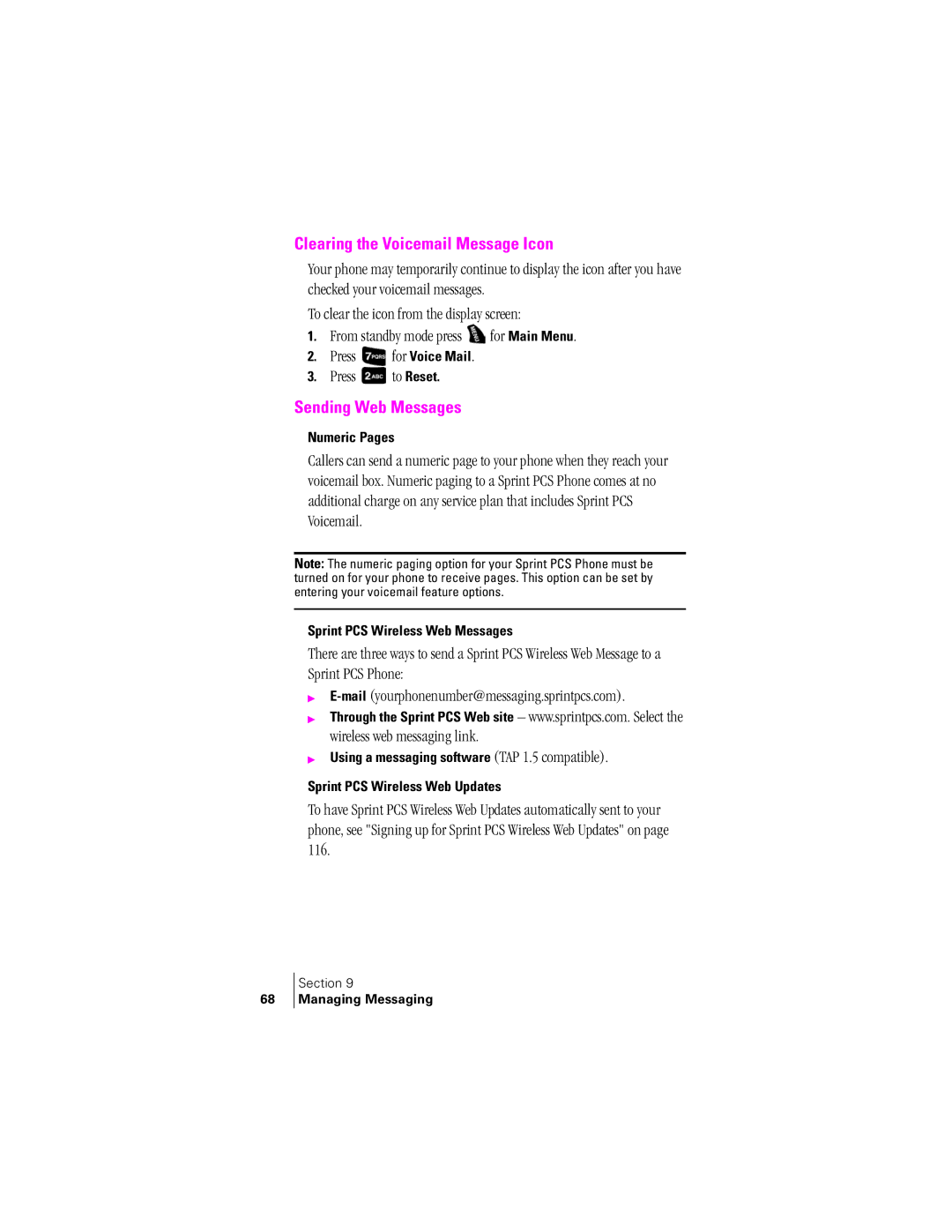 Samsung SPH-A400SS manual Clearing the Voicemail Message Icon, Sending Web Messages, Numeric Pages 