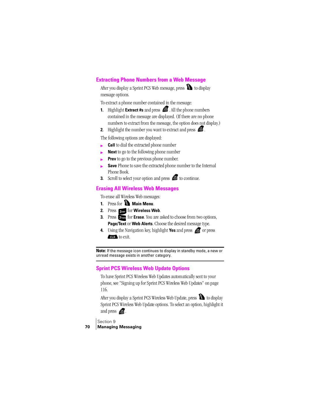 Samsung SPH-A400SS manual Extracting Phone Numbers from a Web Message, Erasing All Wireless Web Messages 