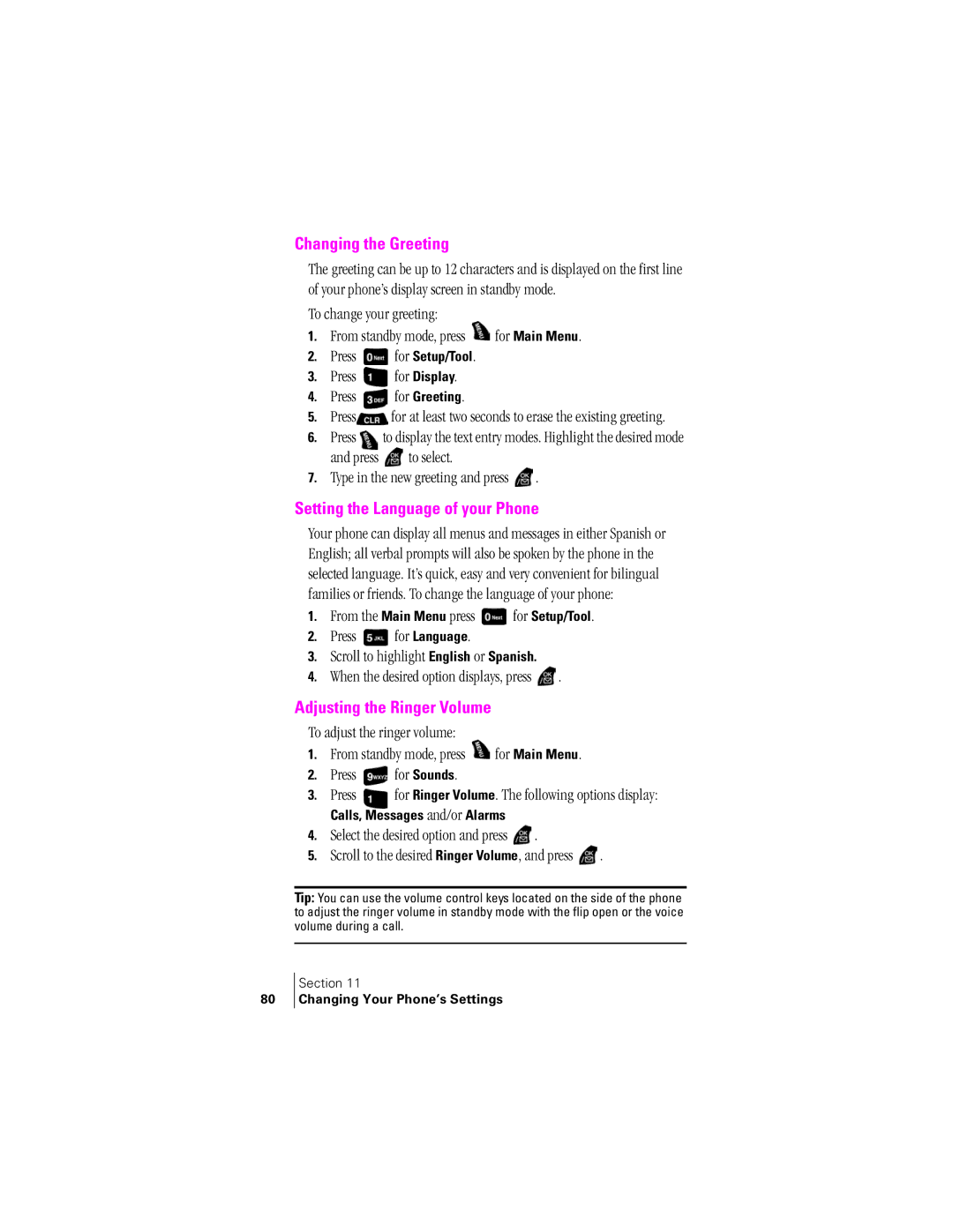 Samsung SPH-A400SS manual Changing the Greeting, Setting the Language of your Phone, Adjusting the Ringer Volume 