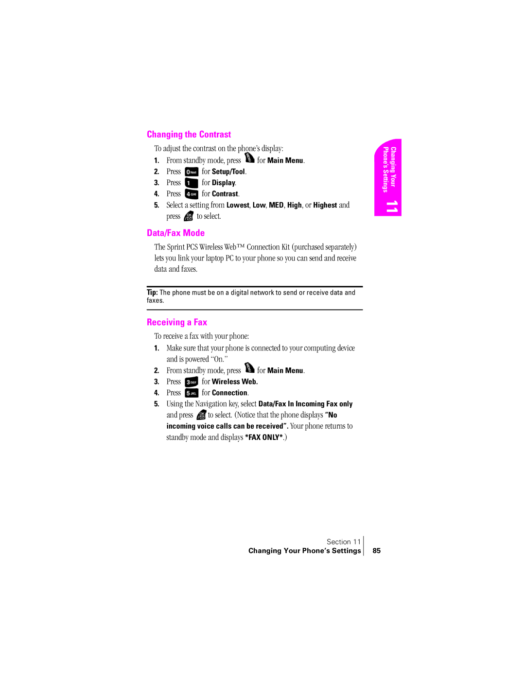 Samsung SPH-A400SS manual Changing the Contrast, Data/Fax Mode, Receiving a Fax, Press to select 