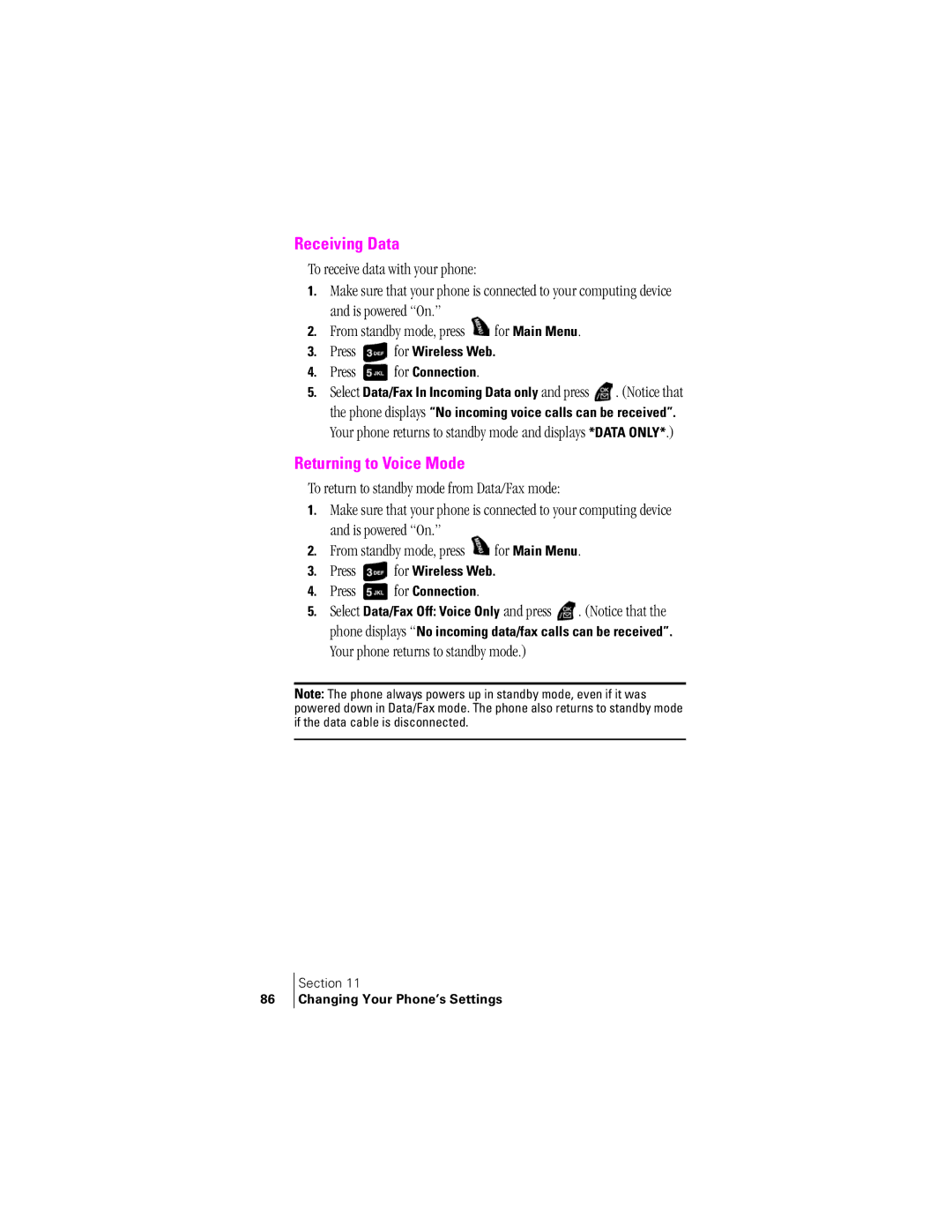 Samsung SPH-A400SS manual Receiving Data, Returning to Voice Mode, Press for Connection, Your phone returns to standby mode 