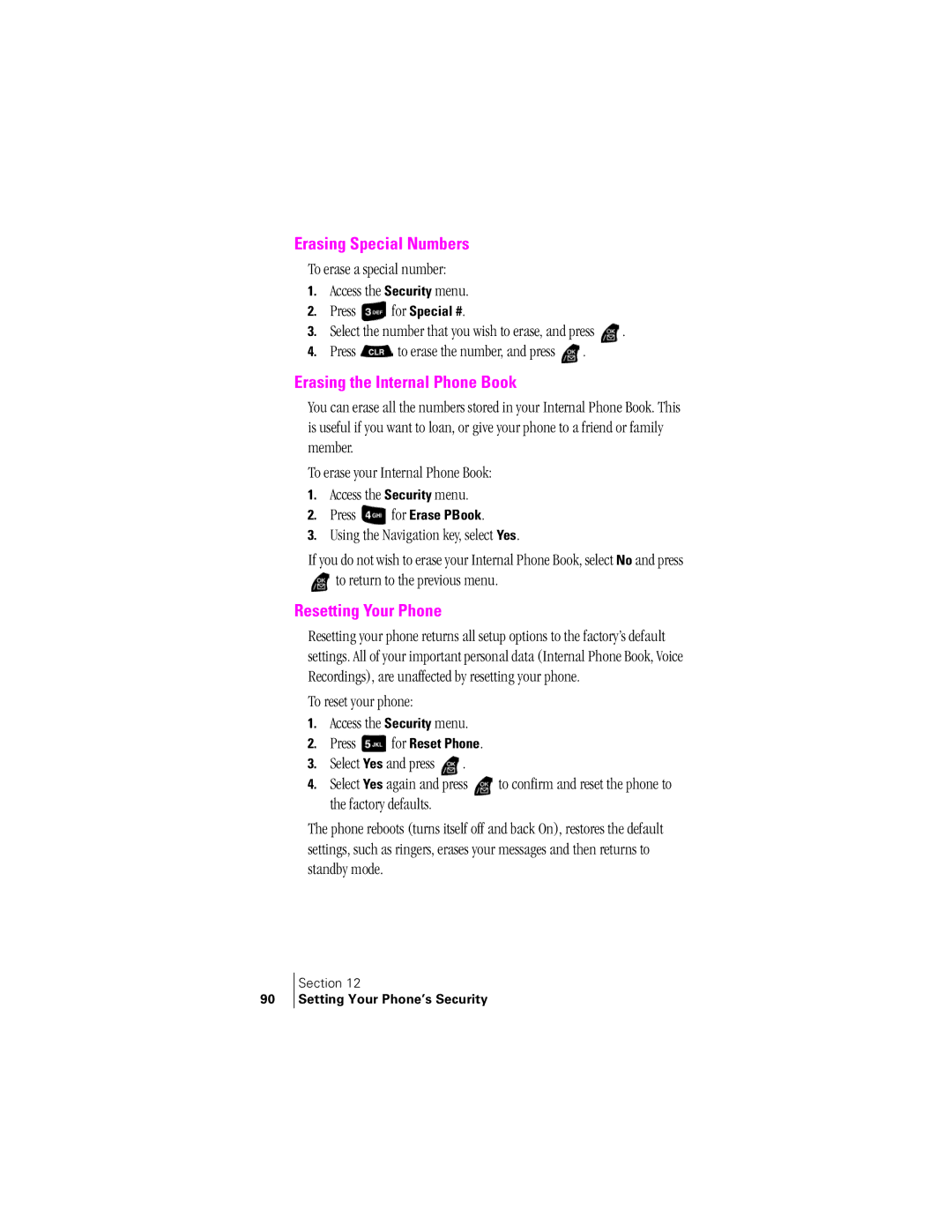 Samsung SPH-A400SS manual Erasing Special Numbers, Erasing the Internal Phone Book, Resetting Your Phone 