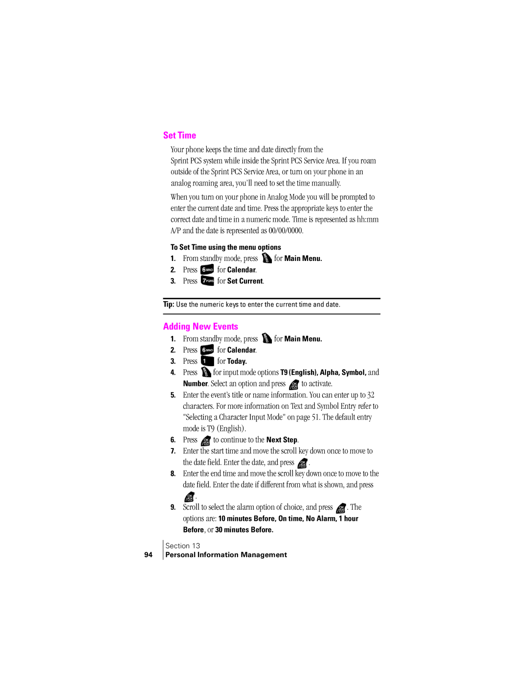 Samsung SPH-A400SS manual Set Time, Adding New Events 