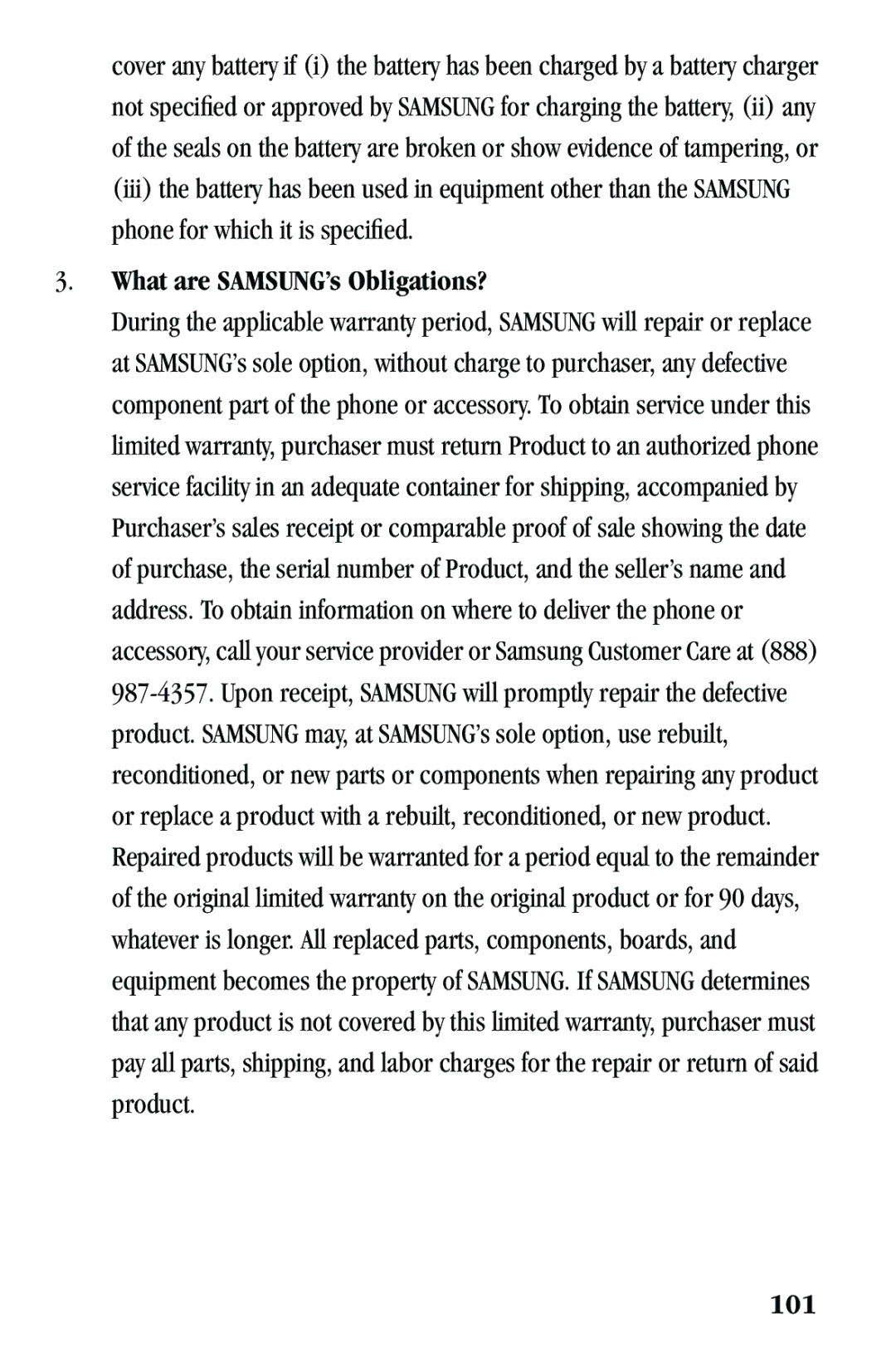 Samsung SPH-a500 Series manual What are SAMSUNG’s Obligations?, 101 