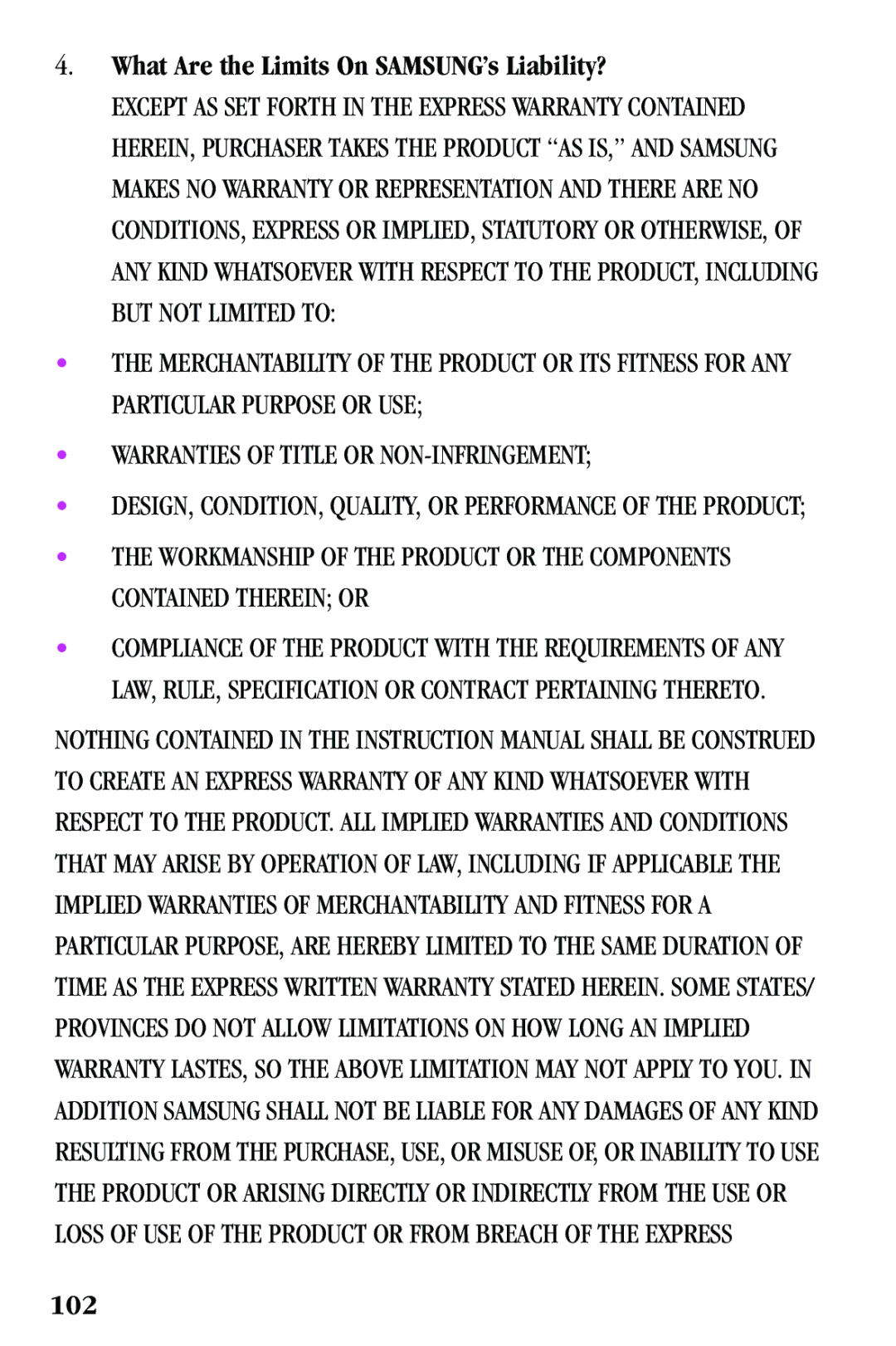Samsung SPH-a500 Series manual What Are the Limits On SAMSUNG’s Liability?, 102 