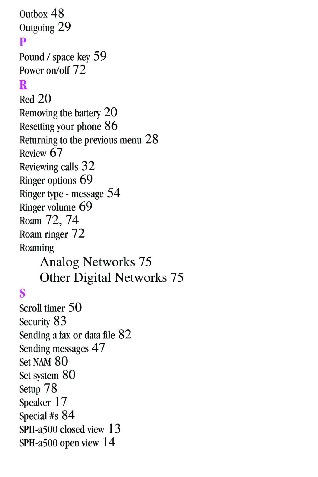 Samsung SPH-a500 Series manual Analog Networks 75 Other Digital Networks 