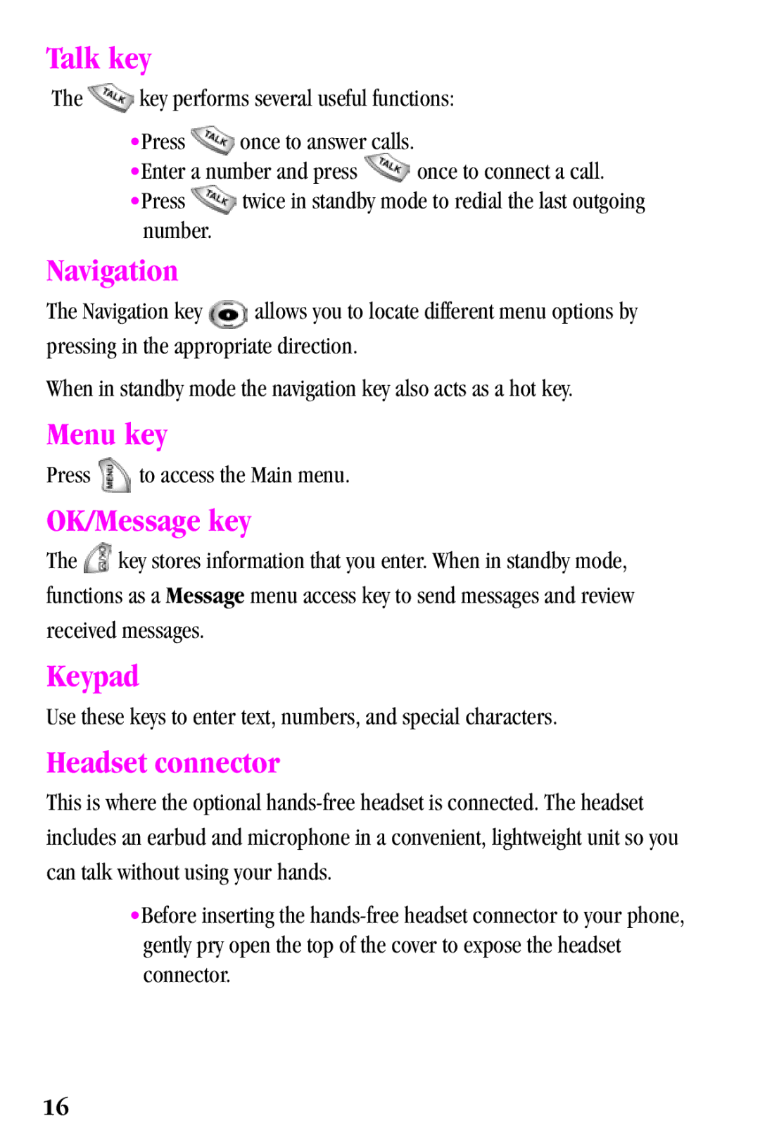 Samsung SPH-a500 Series manual Talk key, Navigation, Menu key, OK/Message key, Keypad, Headset connector 