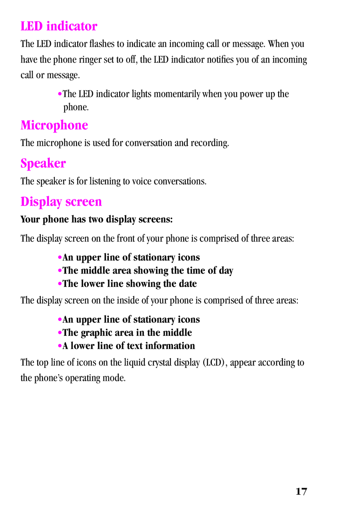 Samsung SPH-a500 Series manual LED indicator, Microphone, Speaker, Display screen, Your phone has two display screens 