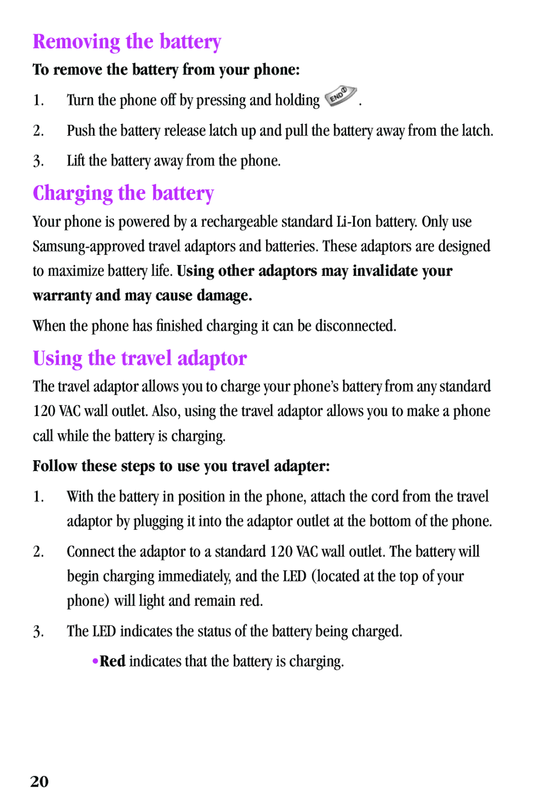 Samsung SPH-a500 Series manual Removing the battery, Charging the battery, Using the travel adaptor 