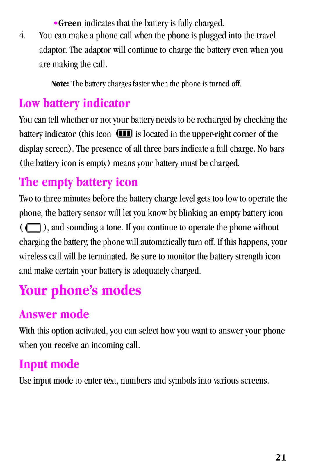 Samsung SPH-a500 Series manual Your phone’s modes, Low battery indicator, Empty battery icon, Answer mode, Input mode 