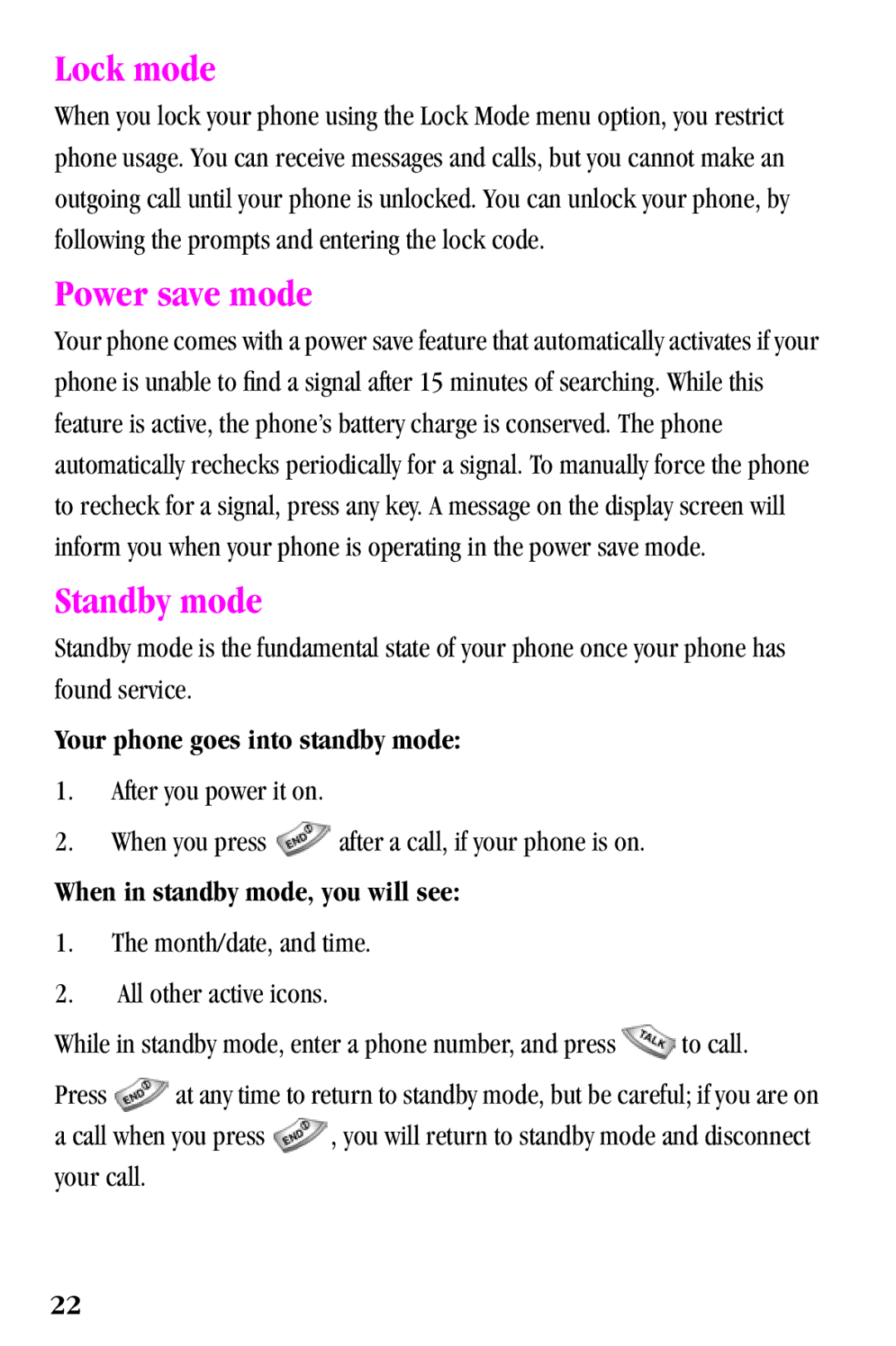 Samsung SPH-a500 Series manual Lock mode, Power save mode, Standby mode, Your phone goes into standby mode 