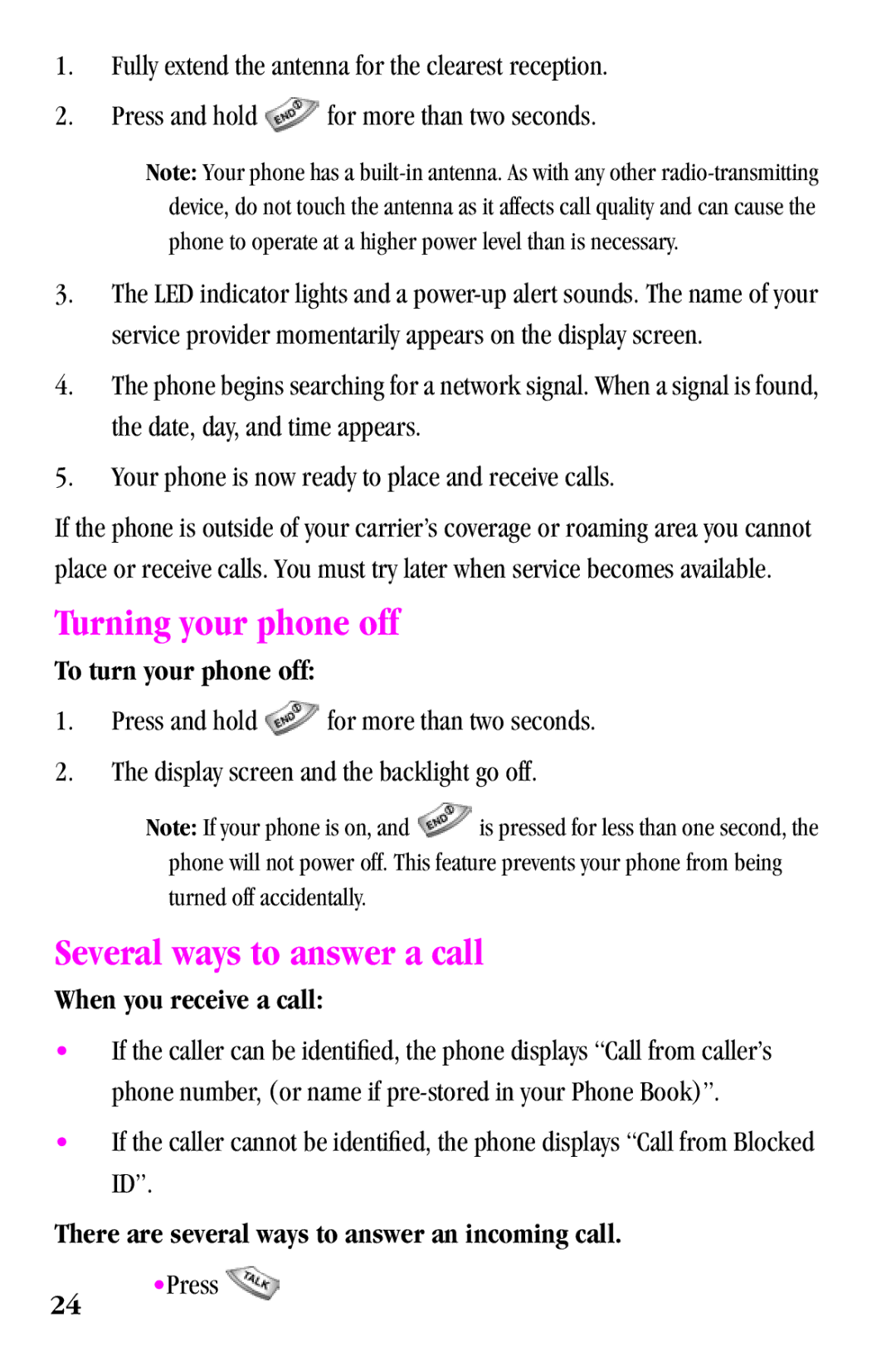 Samsung SPH-a500 Series manual Turning your phone off, Several ways to answer a call, To turn your phone off 