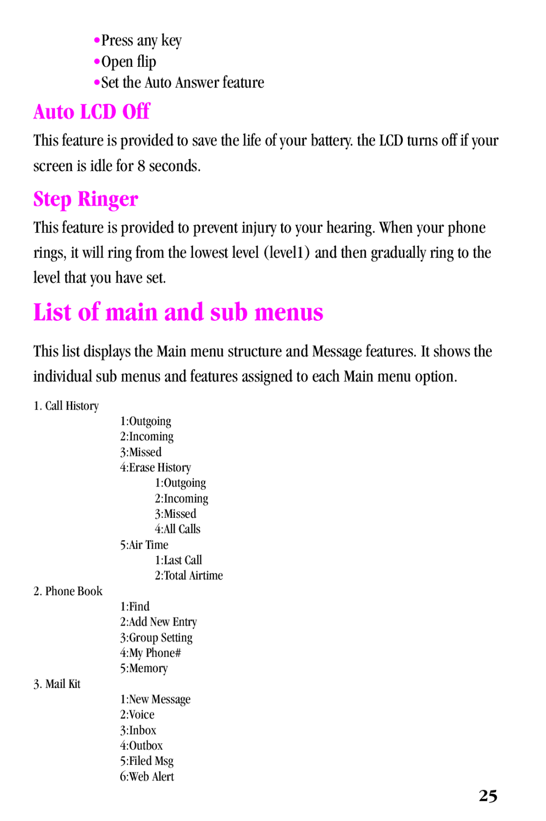 Samsung SPH-a500 Series manual List of main and sub menus, Auto LCD Off, Step Ringer 