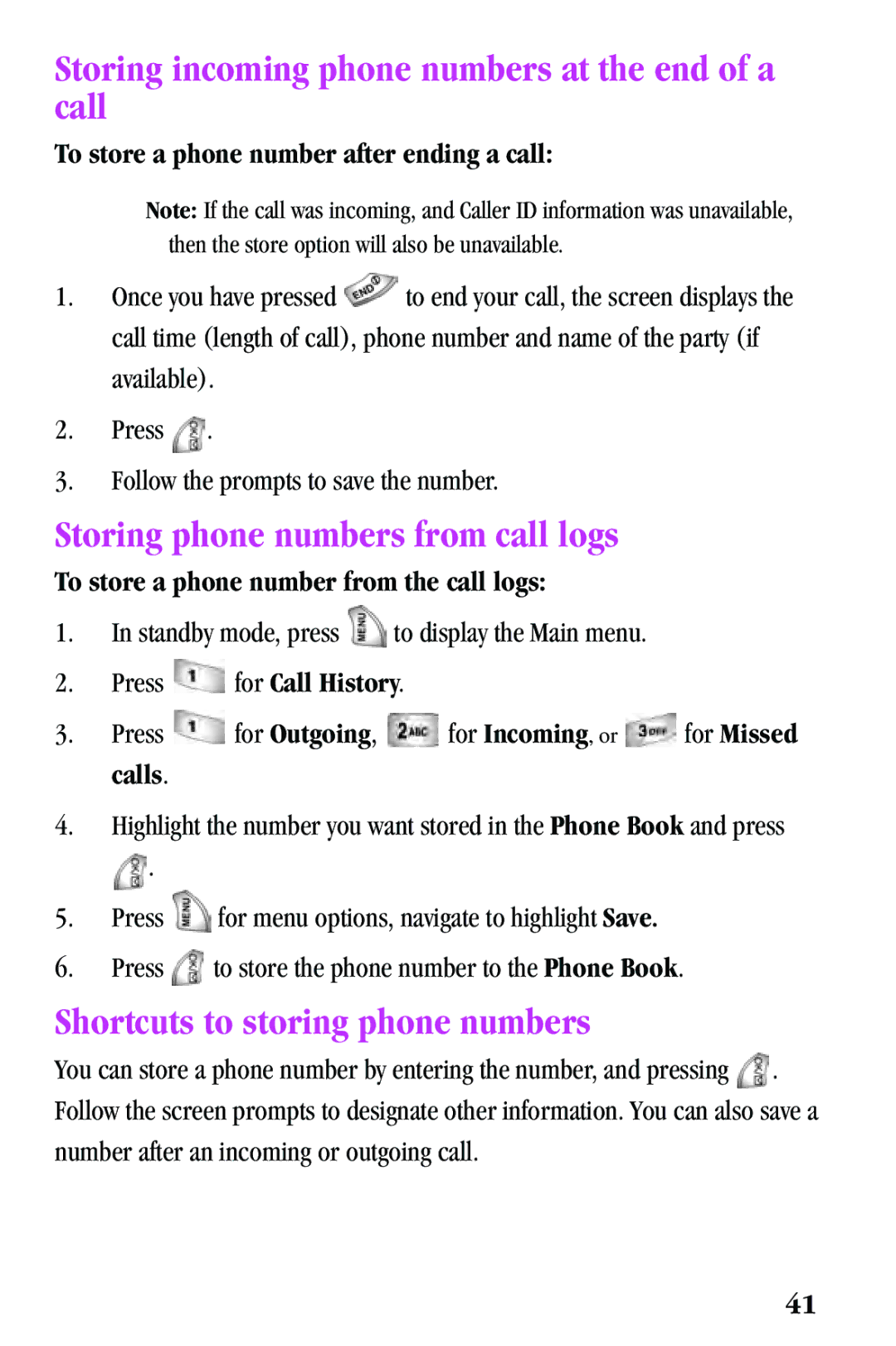 Samsung SPH-a500 Series manual Storing incoming phone numbers at the end of a call, Storing phone numbers from call logs 