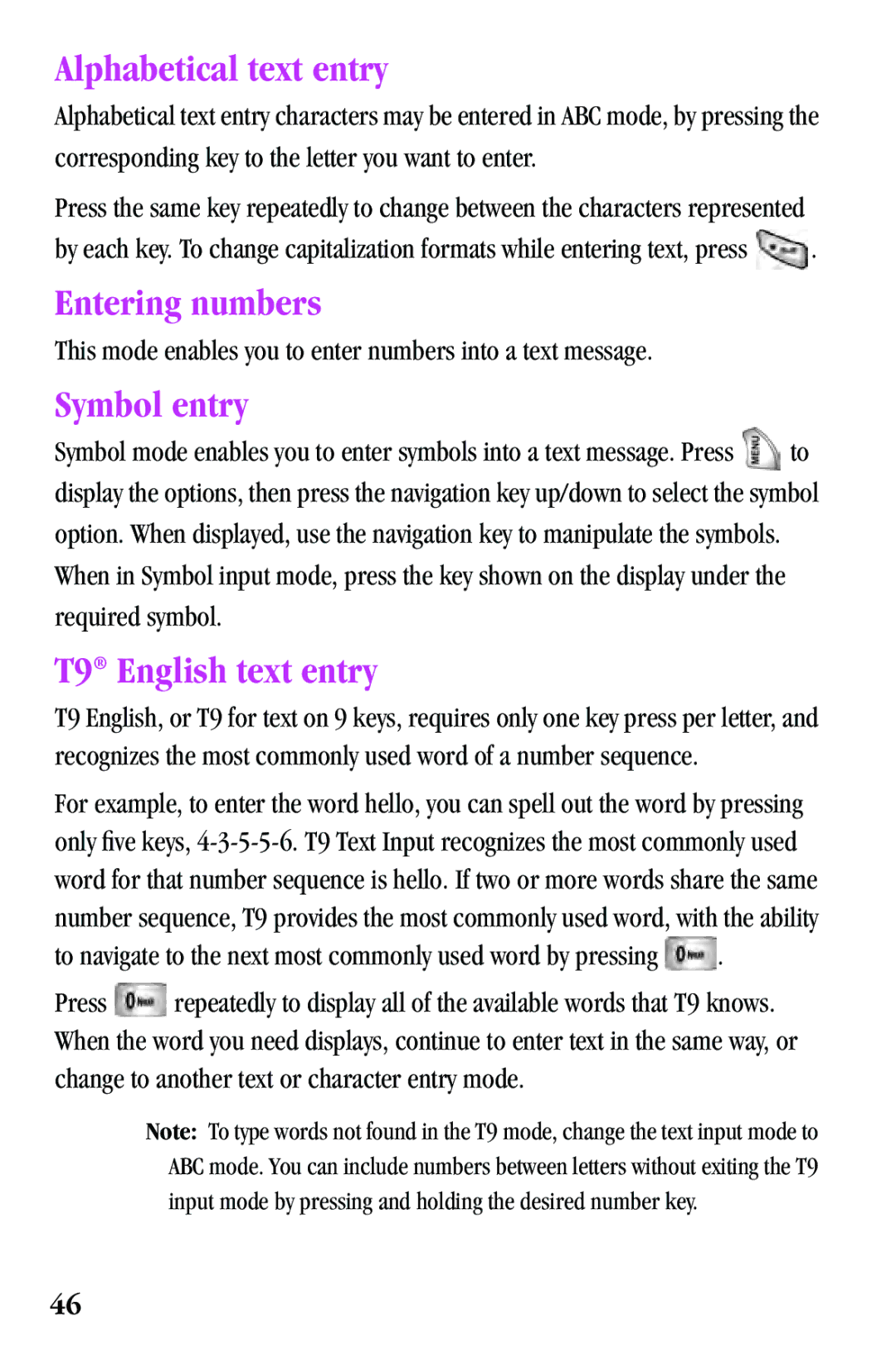 Samsung SPH-a500 Series manual Alphabetical text entry, Entering numbers, Symbol entry, T9 English text entry 