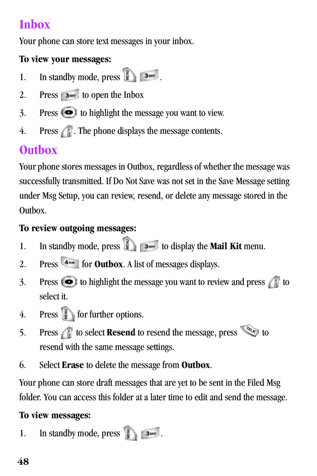 Samsung SPH-a500 Series manual Inbox, Outbox, To view your messages, To review outgoing messages, To view messages 