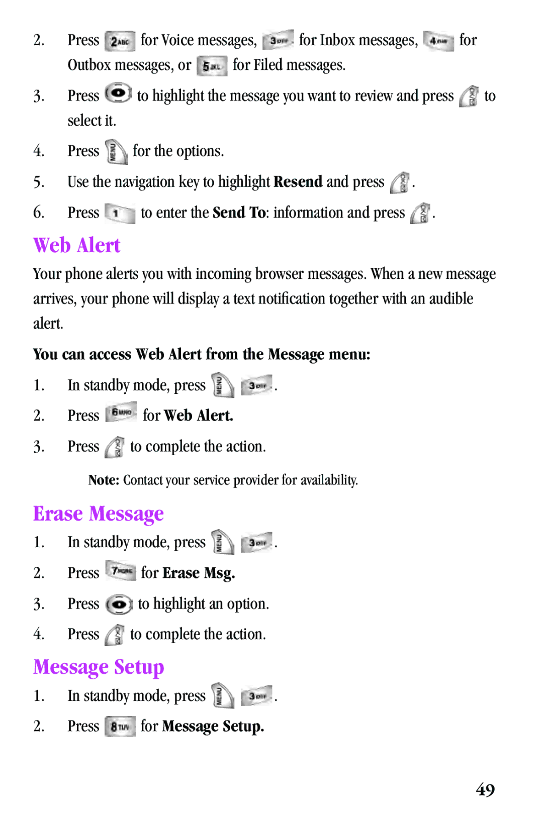 Samsung SPH-a500 Series manual Erase Message, Message Setup, You can access Web Alert from the Message menu 