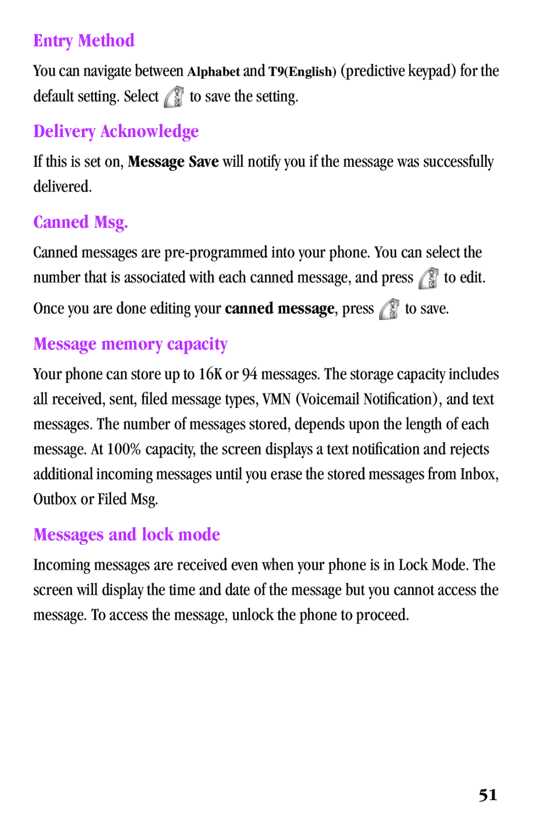 Samsung SPH-a500 Series Entry Method, Delivery Acknowledge, Canned Msg, Message memory capacity, Messages and lock mode 