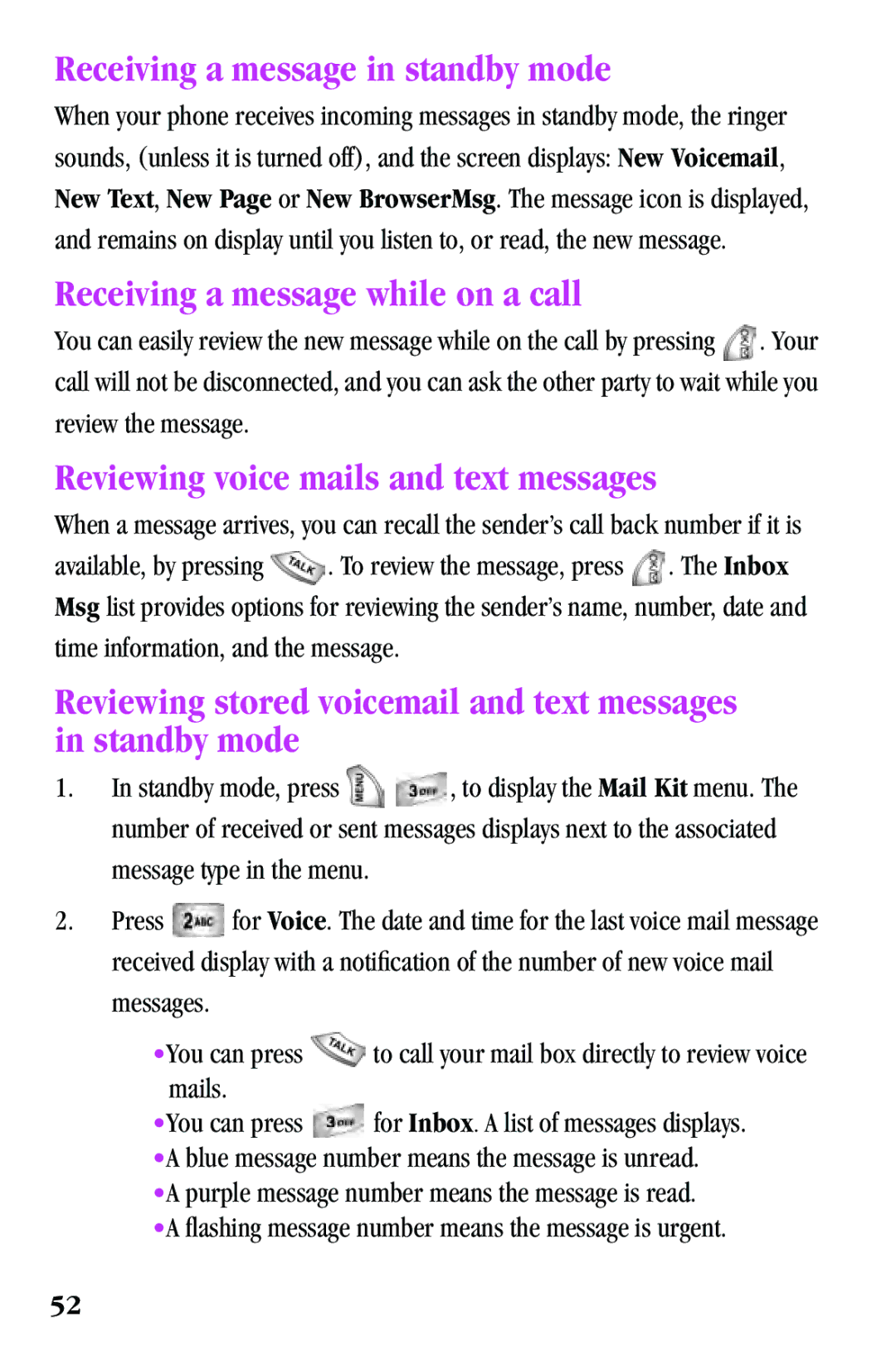 Samsung SPH-a500 Series manual Receiving a message in standby mode, Receiving a message while on a call 