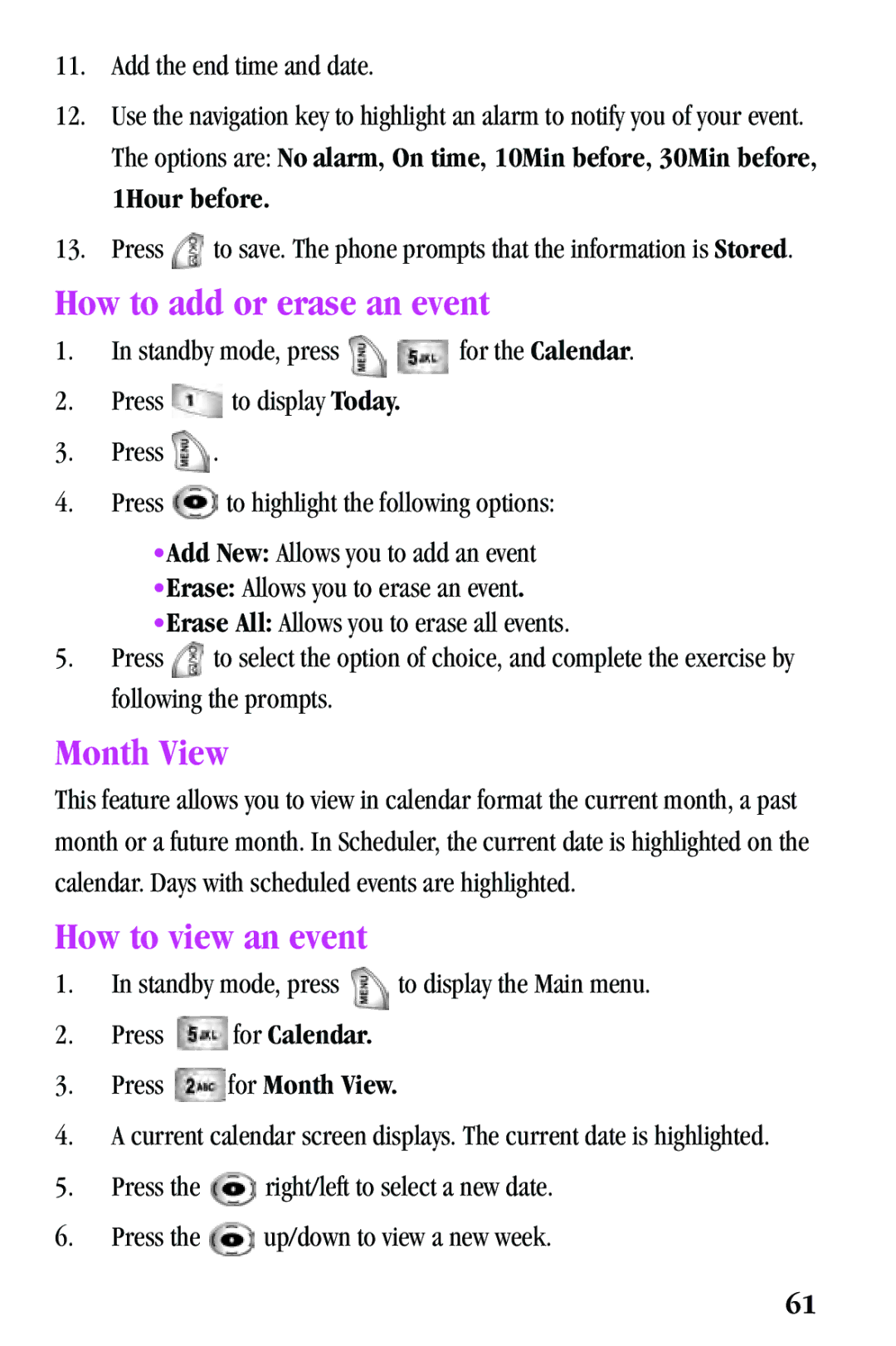 Samsung SPH-a500 Series manual How to add or erase an event, How to view an event, Press for Month View 