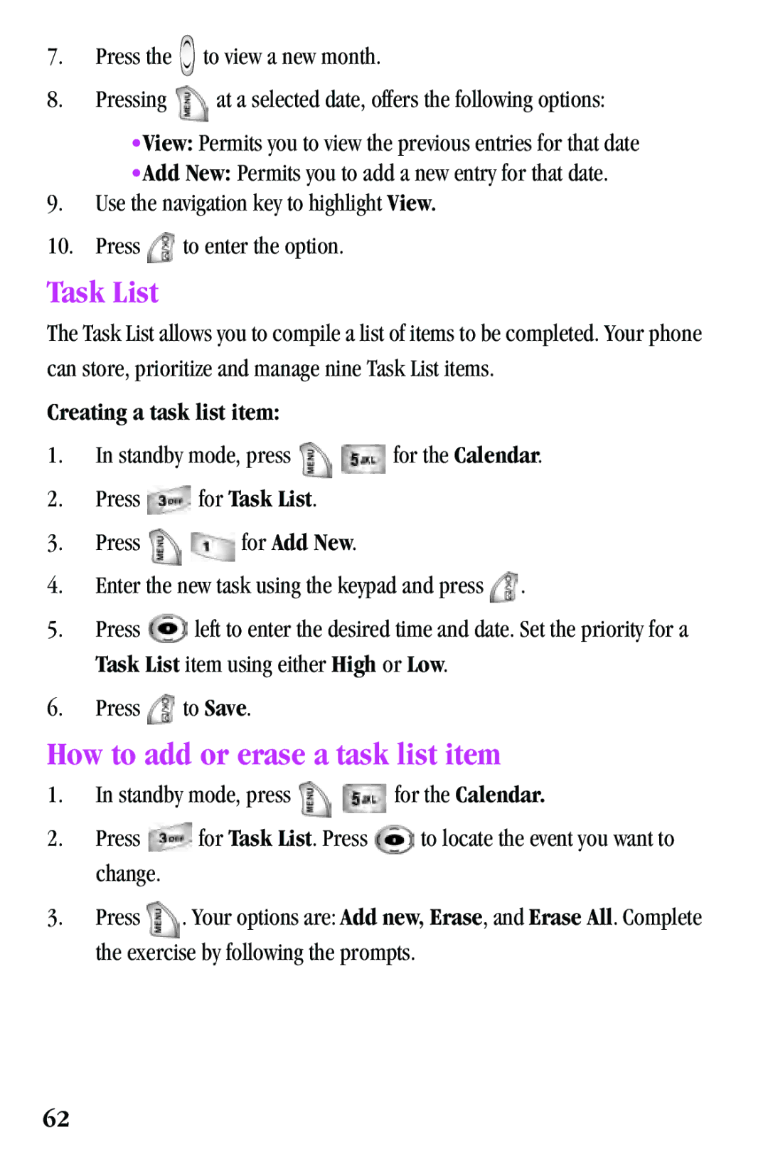 Samsung SPH-a500 Series manual Task List, How to add or erase a task list item, Creating a task list item 