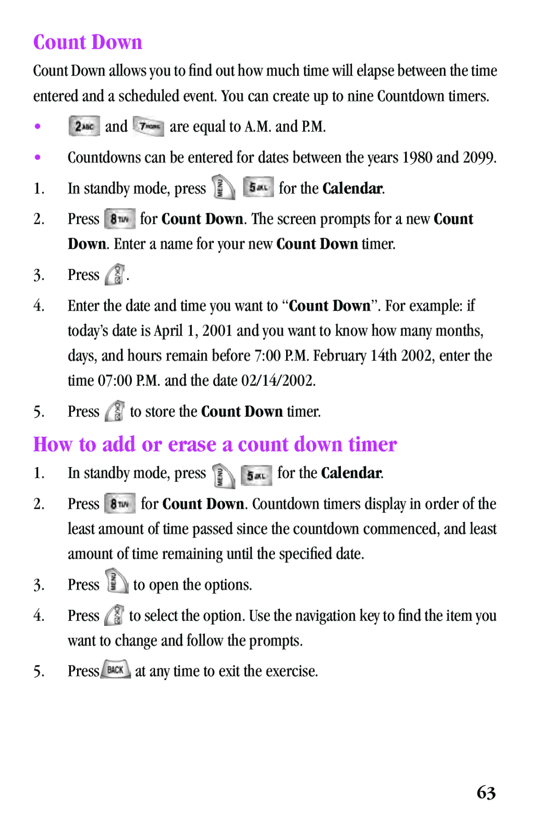 Samsung SPH-a500 Series manual Count Down, How to add or erase a count down timer 