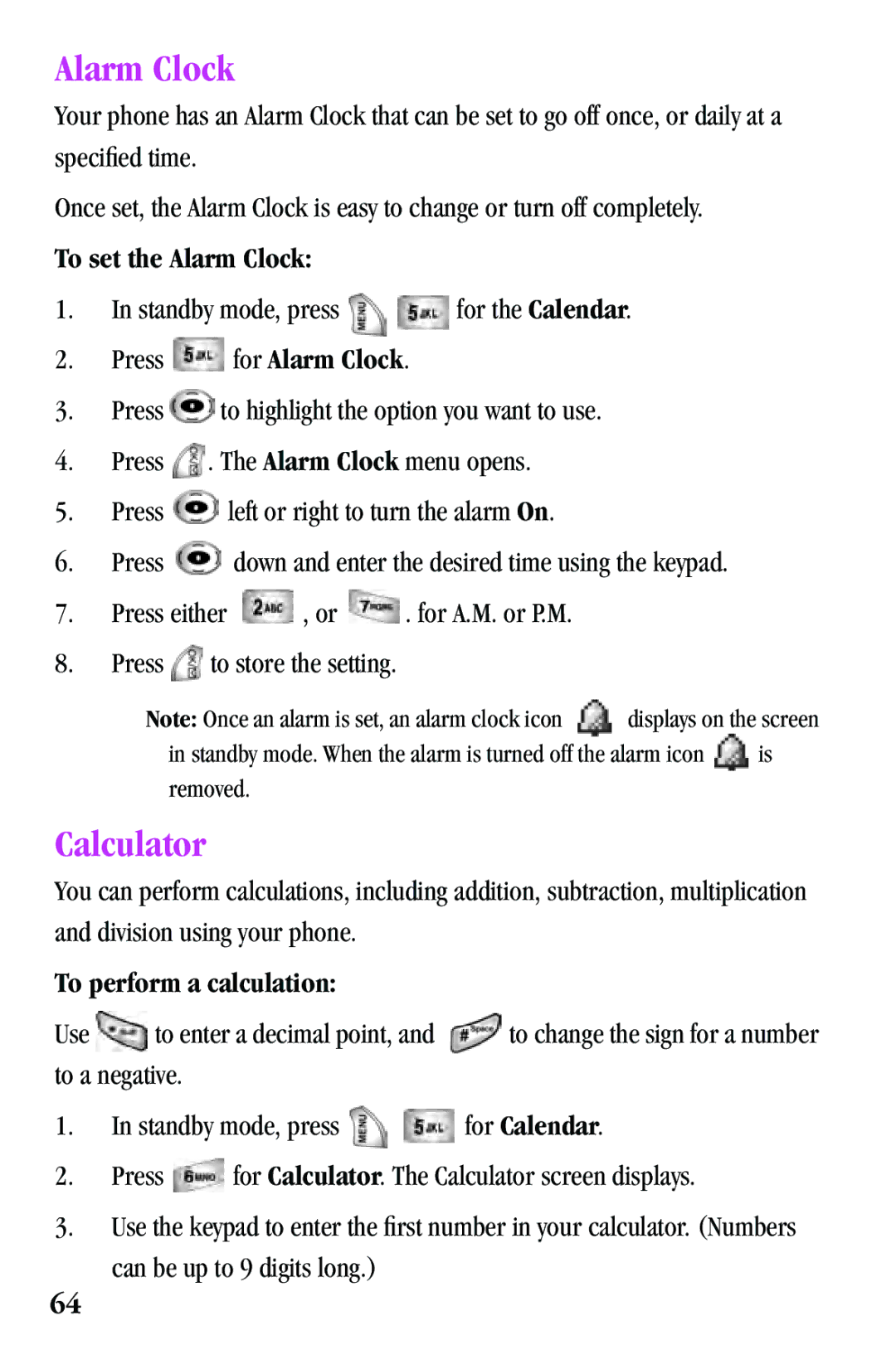 Samsung SPH-a500 Series manual Calculator, To set the Alarm Clock, To perform a calculation 