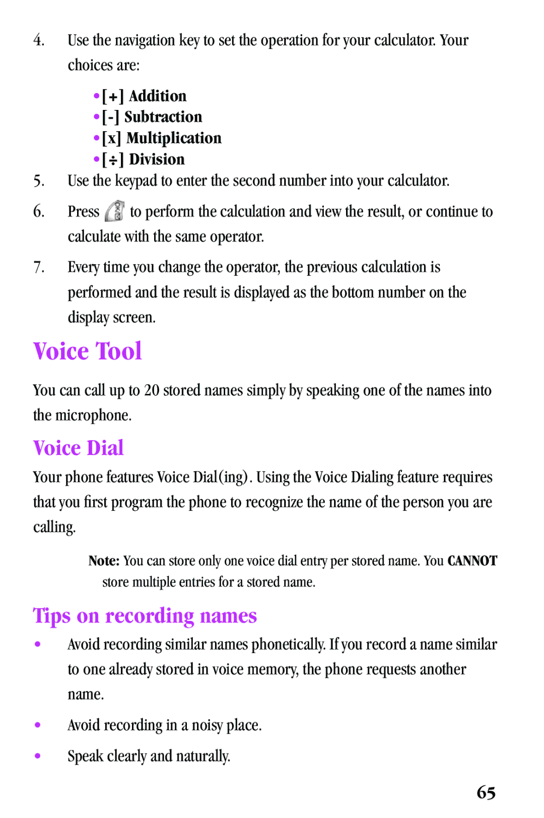 Samsung SPH-a500 Series Voice Tool, Voice Dial, Tips on recording names, + Addition Subtraction Multiplication ÷ Division 