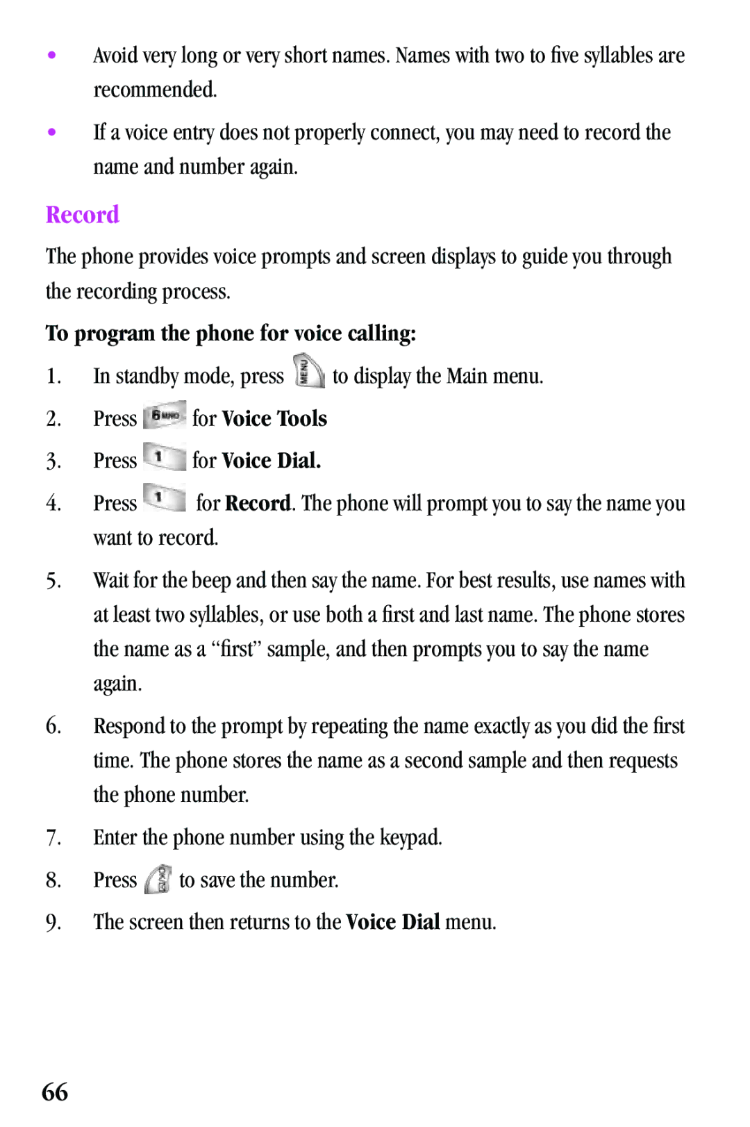 Samsung SPH-a500 Series manual Record, To program the phone for voice calling 