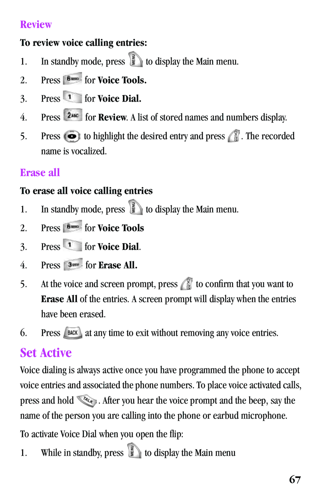 Samsung SPH-a500 Series manual Set Active, Review, Erase all 