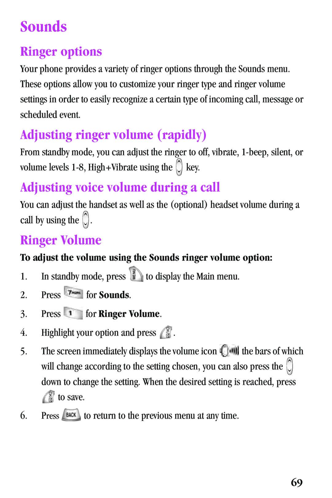 Samsung SPH-a500 Series Sounds, Ringer options, Adjusting ringer volume rapidly, Adjusting voice volume during a call 