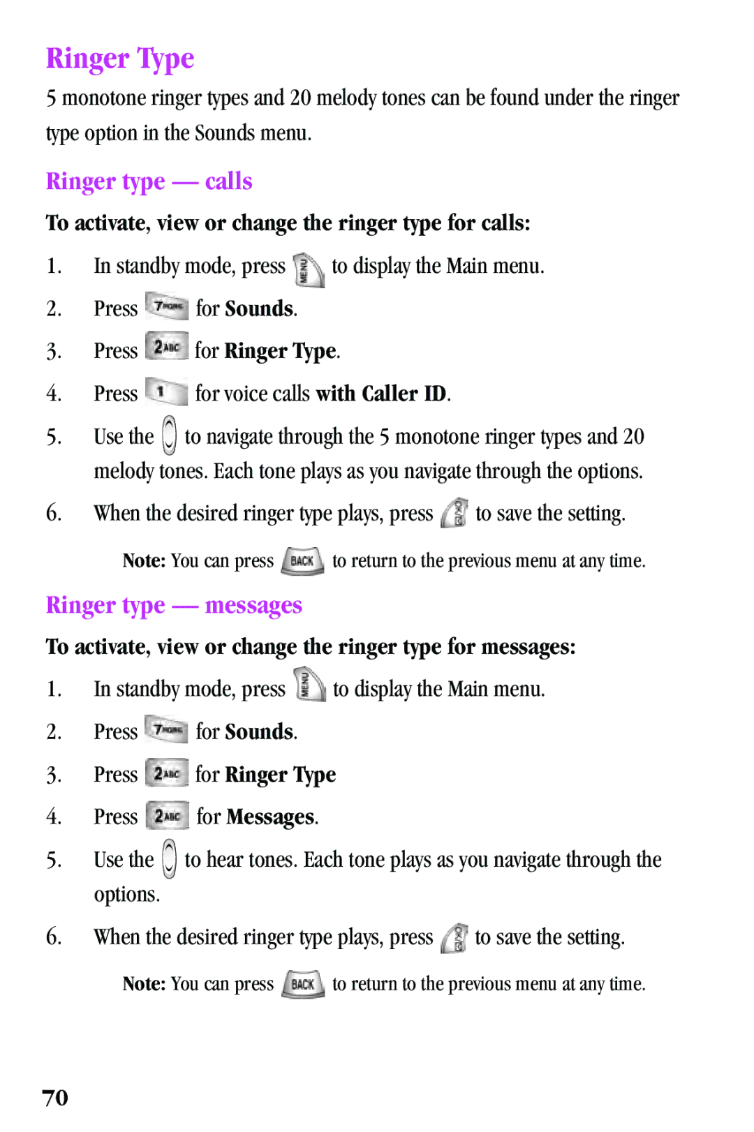 Samsung SPH-a500 Series manual Ringer Type, Ringer type calls, Ringer type messages 