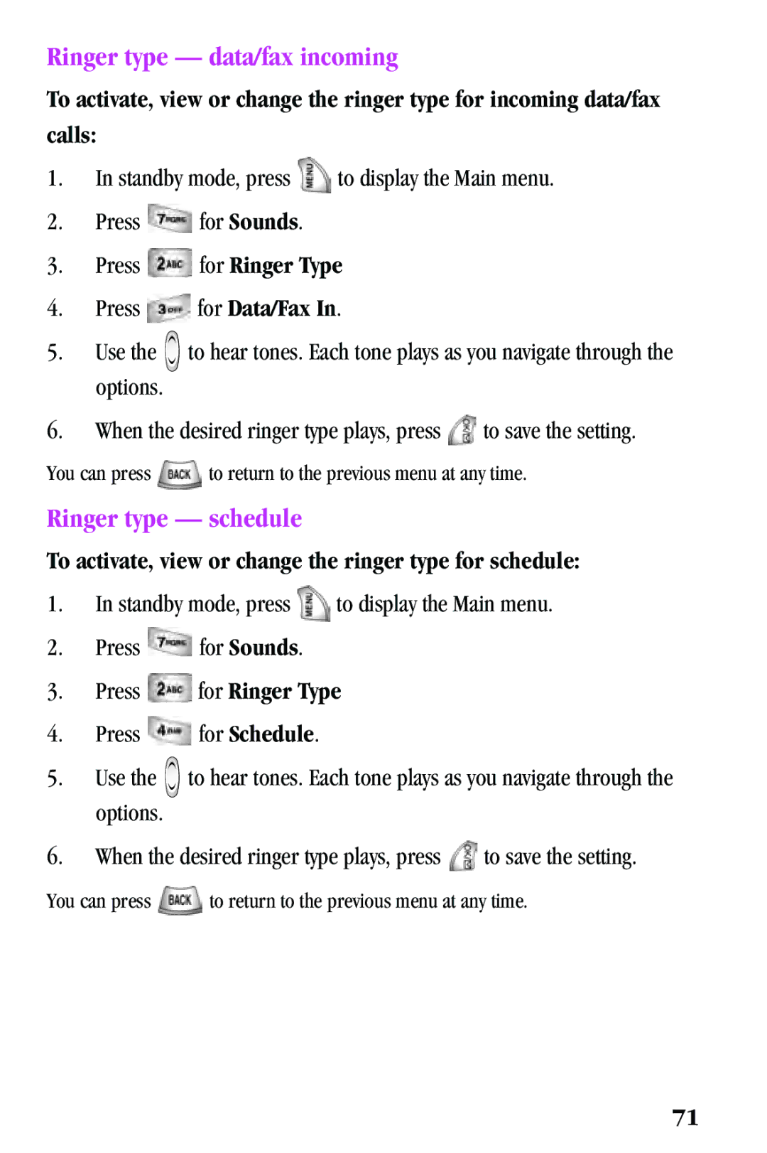 Samsung SPH-a500 Series manual Ringer type data/fax incoming, Ringer type schedule 