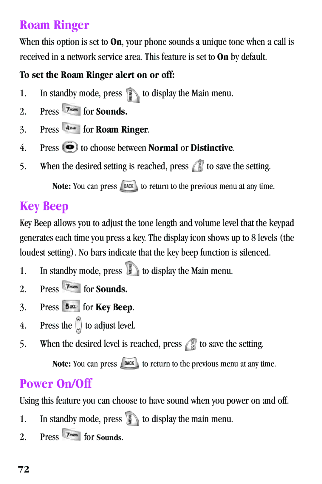 Samsung SPH-a500 Series manual Key Beep, Power On/Off, To set the Roam Ringer alert on or off 