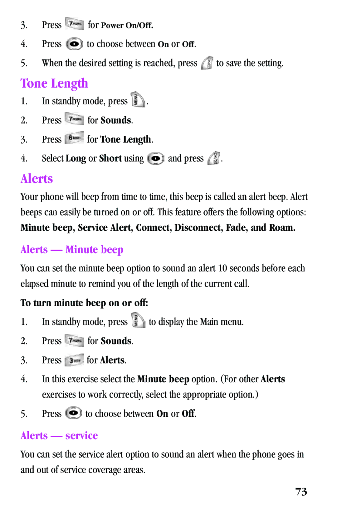 Samsung SPH-a500 Series manual Tone Length, Alerts Minute beep, Alerts service, To turn minute beep on or off 