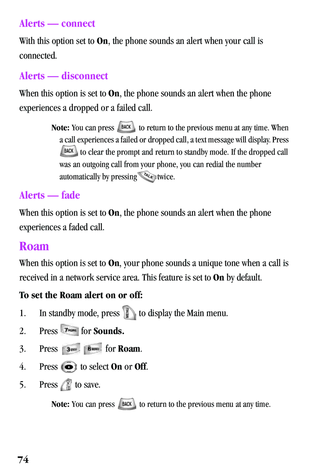 Samsung SPH-a500 Series manual Alerts connect, Alerts disconnect, Alerts fade, To set the Roam alert on or off 