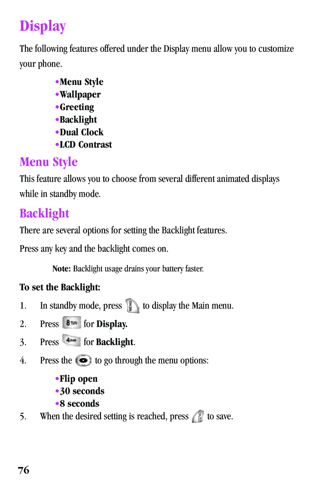 Samsung SPH-a500 Series manual Display, Menu Style, To set the Backlight, Flip open Seconds 