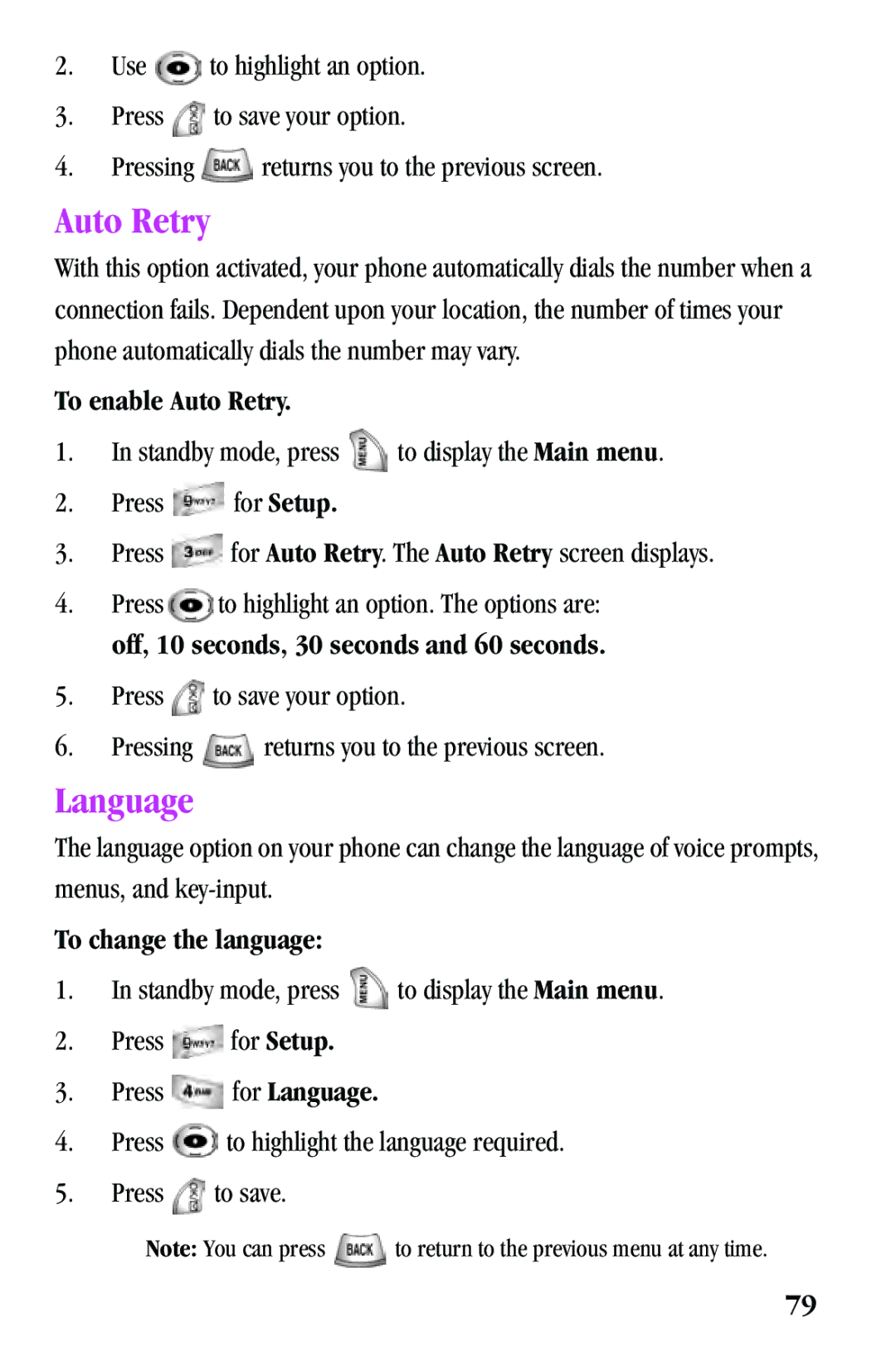 Samsung SPH-a500 Series manual Language, To enable Auto Retry, To change the language 